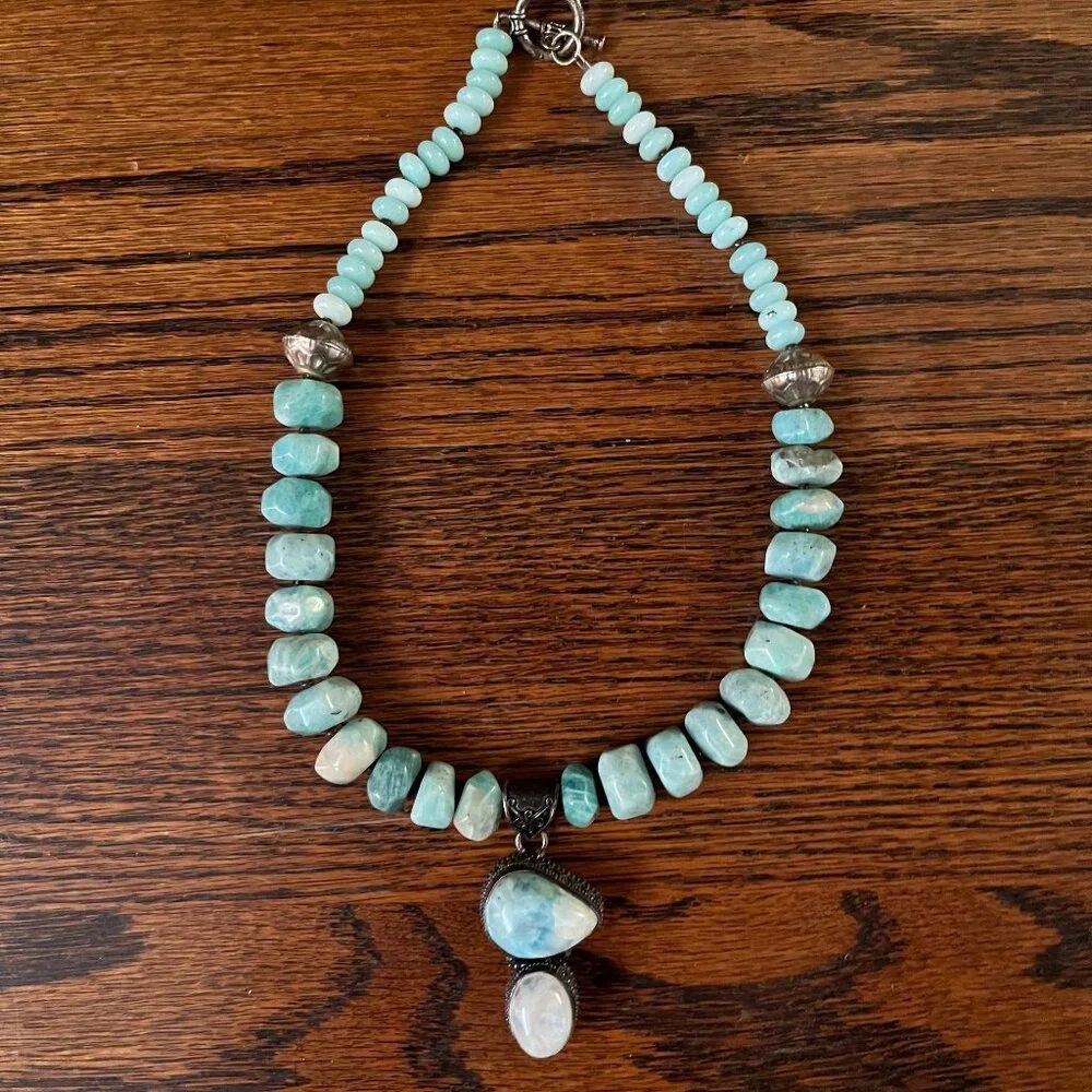 Handcrafted Amazonite, Larimar and Moonstone Beaded Necklace Bronze Tone Accents - Picture 3 of 11